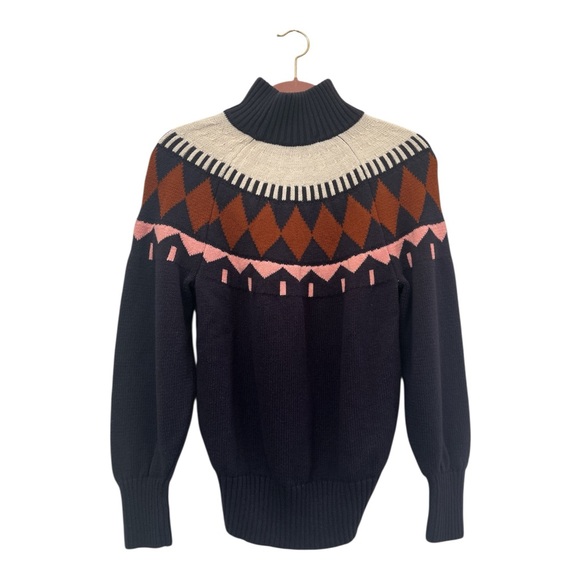 Chunky Knit Fair Isle Blue and Brown Turtleneck Sweater - Picture 3 of 5